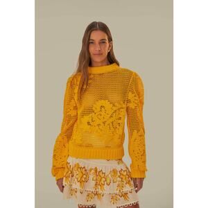 Farm Rio Yellow Floral Knit Sweater Medium